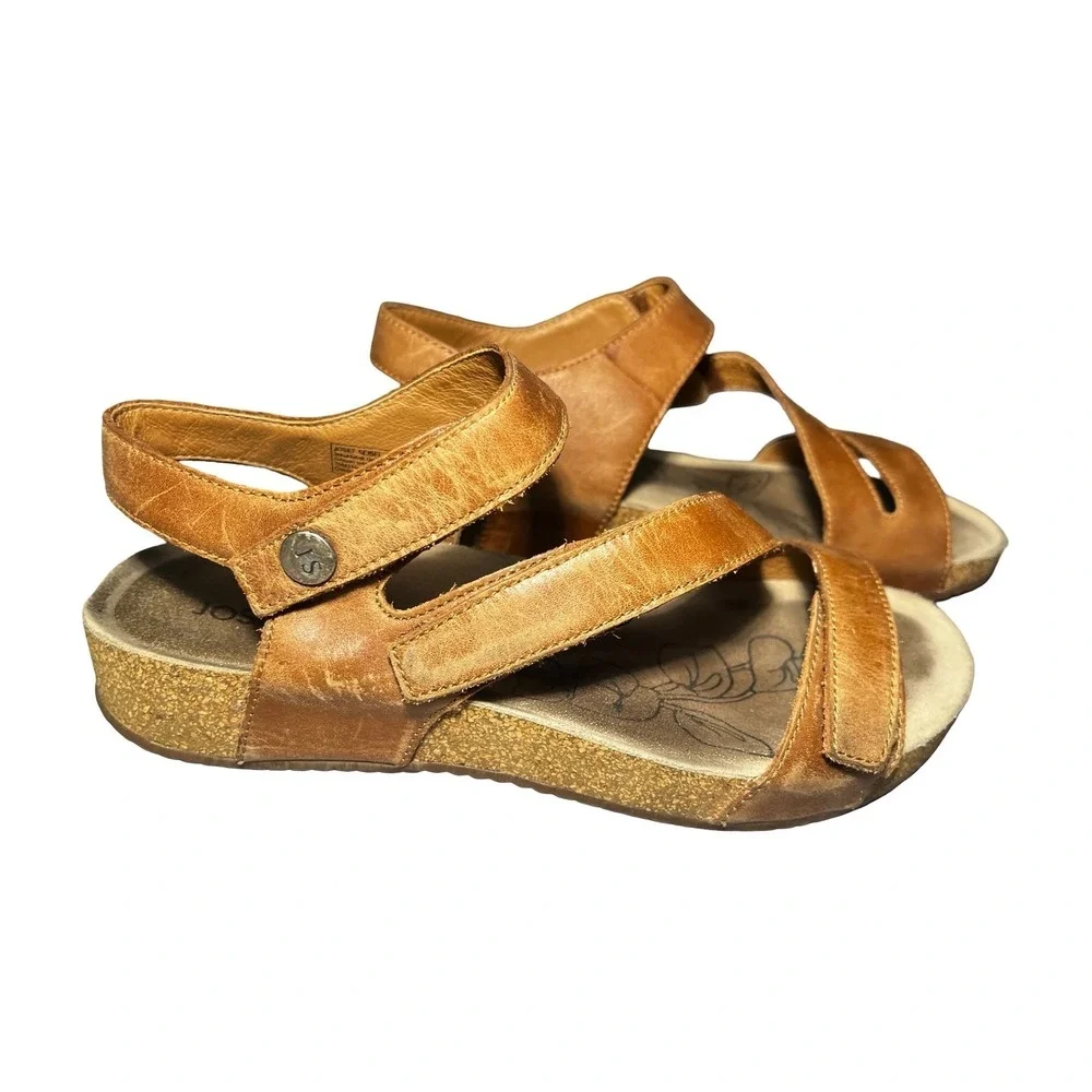 Josef Seibel Tonga Brown Leather Strappy Cork Wedge Sandals Size 39 Hook Loop